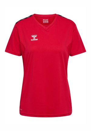 Rød atletisk T-shirt med korte ærmer, V-hals og sorte detaljer på skuldrene. Har Hummel-logoet på brystet i hvid.