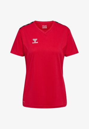 Rode sportieve T-shirt met korte mouwen, V-hals en zwarte accenten op de schouders. Heeft het Hummel-logo op de borst in het wit.