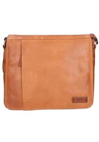 Borsa a tracolla in pelle tan con una superficie liscia, chiusura a pattina, tasca frontale e logo del marchio impresso nell'angolo in basso a destra.
