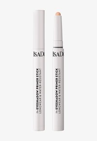 Weißer zylindrischer Stift mit einem Drehmechanismus, ausgestattet mit einer weichen, nude-farbenen Spitze. Auf der Verpackung steht "Lidschatten-Primer-Stick, langanhaltend und wasserfest."