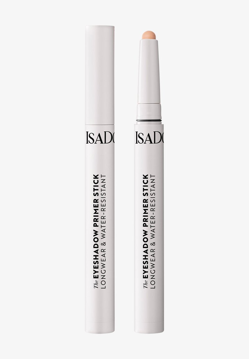Weißer zylindrischer Stift mit einem Drehmechanismus, ausgestattet mit einer weichen, nude-farbenen Spitze. Auf der Verpackung steht "Lidschatten-Primer-Stick, langanhaltend und wasserfest."