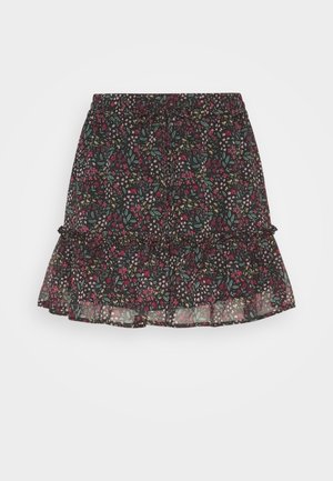 Floral-patterned black skirt with a ruffled hem, featuring shades of pink, yellow, and green. Made from lightweight, sheer fabric.