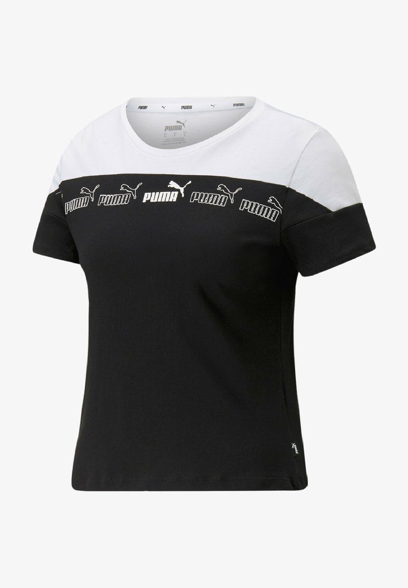 Melnā un baltā īsā piedurkņu t-krekls ar apaļu kakla izgriezumu, kontrastējošiem plecu paneļiem un atkārtotiem Puma logotipa akcentiem uz krūtīm.