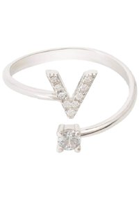 Silver ring featuring a "V" design with small clear stones and a larger central clear stone, smooth band, polished finish.