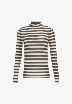 Ilgų rankovių golfas su rudos ir baltos horizontalios juostelės, pagamintas iš minkštos medžiagos. Prigludusi konstrukcija, lygi tekstūra ir nematomi elementai.