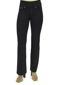 Mustat housut suoran lahkeiden designilla, valmistettu sileästä materiaalista. Varustettu leveällä vyötärönauhalla, etutaskuilla ja hopeisilla yksityiskohdilla.