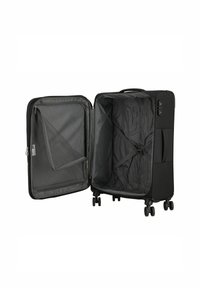 Black suitcase with an open design, featuring a mesh pocket and securing straps inside. Made of durable material with four wheels for mobility.