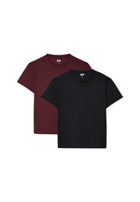 Dwie krótko rękawowe koszulki, jedna bordowa i jedna czarna, wykonane z gładkiego materiału, z okrągłymi dekoltami i bocznymi szwami. Rozmiar oznaczony jako 'S'.