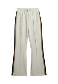 Lichtbeige sweatpants met wijde pijpen, voorzien van zijkanten in donkerbruin en zwart, elastische taille met trekkoord en twee zijzakken.