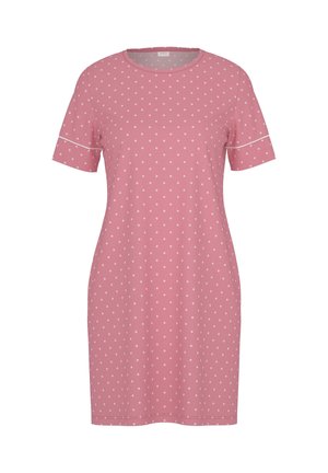 Kortekantenjurk van roze stof, met een geometrisch patroon van witte stippen, een ronde halslijn en een losse pasvorm. Minimalistisch ontwerp zonder versieringen.
