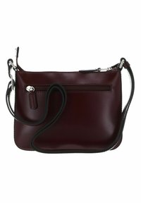 Borsa crossbody bordeaux in pelle liscia, con tasca con zip, tracolla regolabile e bordi neri a contrasto.