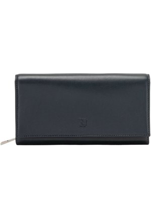 Portefeuille en cuir noir avec une texture lisse, de forme rectangulaire et fermeture zippée. Présente un logo en relief sur le devant.