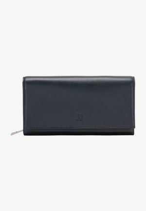 Portefeuille en cuir noir avec une texture lisse, de forme rectangulaire et fermeture zippée. Présente un logo en relief sur le devant.