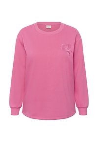 Sweatshirt long à manches roses vives avec un col rond et une subtile broderie de rose sur la poitrine gauche.