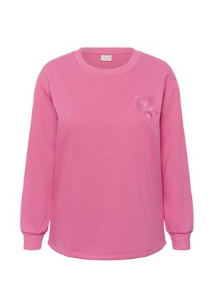 Sudadera de manga larga de color rosa brillante con cuello redondo y un sutil bordado de rosa en el lado izquierdo del pecho.