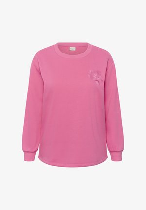 Helderroze sweatshirt met lange mouwen, ronde hals en subtiele rozenborduursel op de linkerkant van de borst.