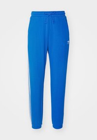 Pantaloni sportivi blu in materiale morbido, con vita con coulisse, gambe a cono e strisce bianche lungo i lati.