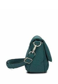 Borsa a tracolla in finta pelle color turchese con forma arrotondata, hardware metallico e tracolla regolabile. Presenta una patta laterale e una superficie testurizzata.