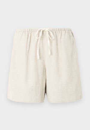 Beige linseshorts med elastisk midje og hvit snor, avslappet og lett.