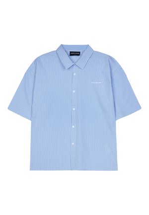 Short-sleeve button-up shirt in light blue with white vertical stripes. Features a pointed collar and small logo on the left chest.