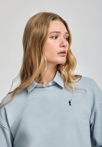 Ljusblå sweatshirt i mjukt tyg med rund halsringning, prydd med en marinblå broderad logotyp, lager på lager över en blå och vit rutad skjorta.