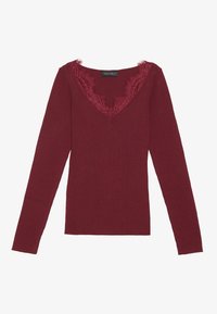 Burgunderfarget langermet topp med V-hals og blonderdetaljer. Ribbete tekstur og tettsittende design, med en subtil frynse ved halsekanten.
