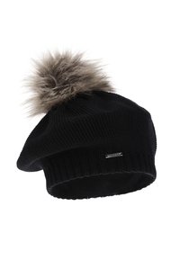 Berretto a maglia nero con risvolto e soffice pon pon in ecopelliccia sulla sommità. Presenta una piccola targhetta argentata sul lato.