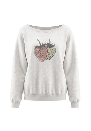 Lysegrå sweatshirt med lange ærmer, ribstrikkede manchetter og kant, med to store paillet-strawberries i pink og gul foran.