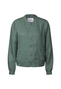 Groene bomberjack van lichtgewicht stof. Voorzien van een ritssluiting aan de voorkant, ronde halslijn, elastische manchetten en twee zijzakken.