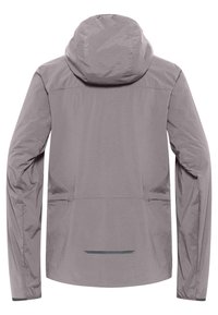 Lightweight, gray jacket with a hood, long sleeves, and a smooth texture. Features a rear pocket and subtle reflective accents.