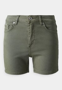 Shorts de mezclilla verde con diseño de cinco bolsillos, cierre frontal de botón y cremallera, dobladillos cosidos y una textura suave.