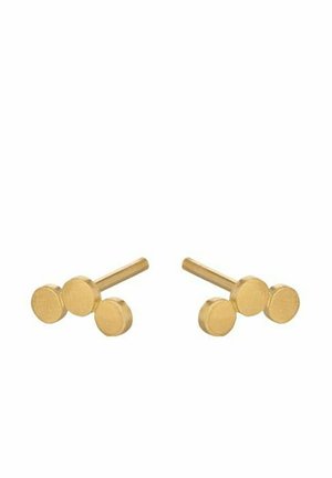 Kuldnõelaga kõrvarõngaste paar, millest igaühel on kolm väikest ümmargust ketast, mis on horisontaalses reas.