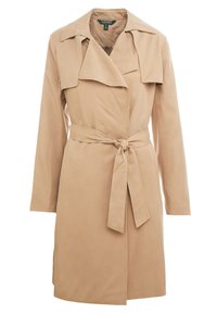 Beige trenchcoat med långa ärmar, bred krage och midjeband. Slät tyg med en något strukturerad silhuett.