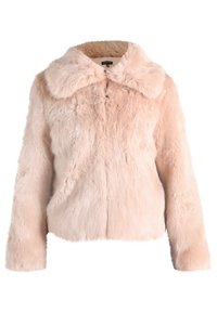 Faux fur-jacka i mjuk rosa med krage, långa ärmar och en något kortad design. Har en texturerad, plysch yta.