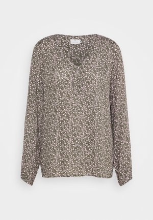 Blouse met lange mouwen, olijfgroene achtergrond en lichtroze bloemenpatroon, voorzien van een ronde halslijn en een comfortabele, losse pasvorm.