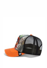 Trucker cap with a camo front, orange peak, and black mesh back. Features a logo patch and contrasting stitching. Adjustable fit.