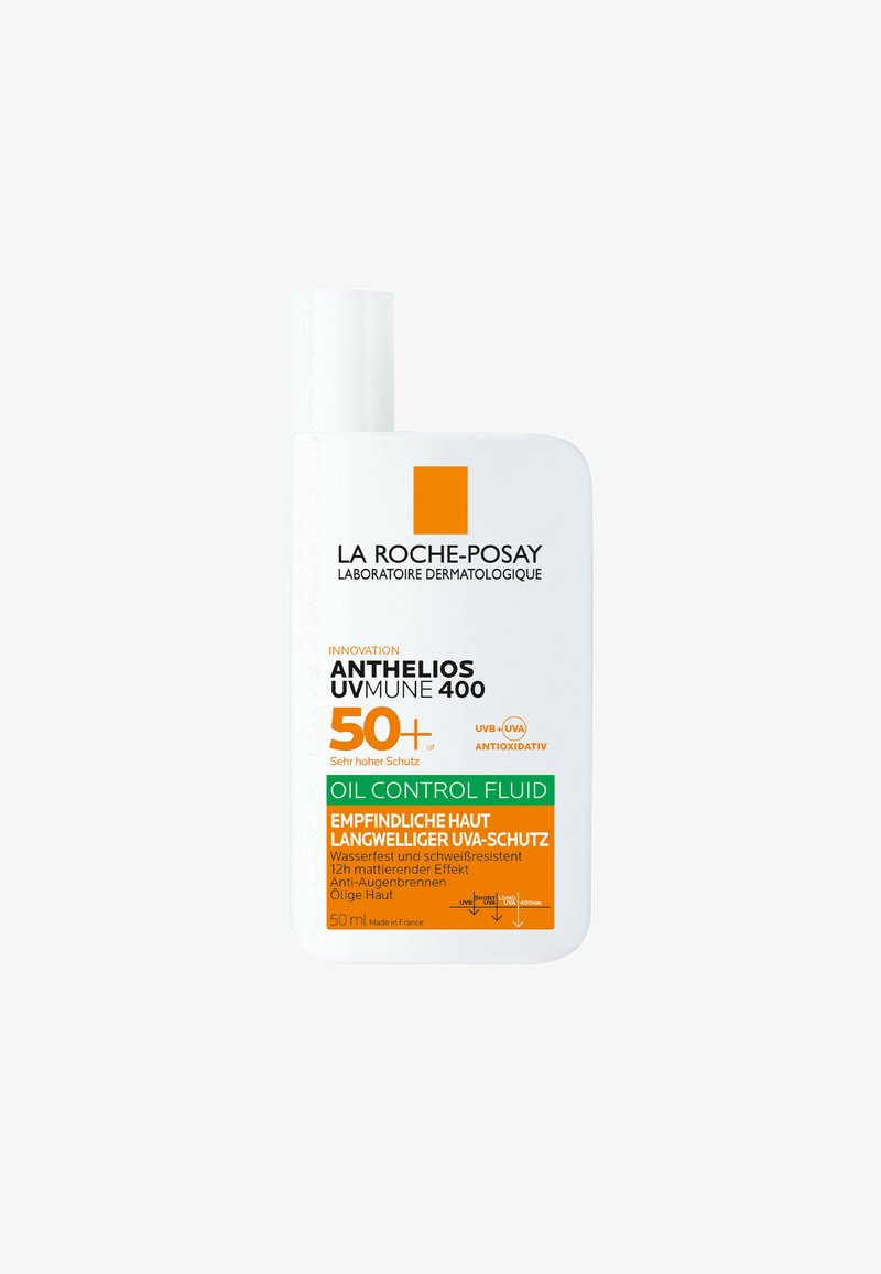La Roche-Posay Anthelios UVMune 400 SPF 50+ oil control fluid sunscreen, water- and sweat-resistant, for sensitive, oily skin, 50ml bottle.