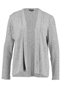 Cardigan grigio a maniche lunghe realizzato in tessuto testurizzato. Design aperto sul davanti senza chiusure, presenta una vestibilità morbida e un orlo curvo.