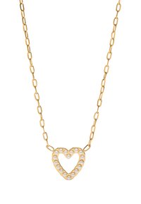 Złota naszyjnik z sercowym wisiorkiem. Wisiorek ozdobiony jest białymi perłami ułożonymi wokół otwartego środka. Ogniwa łańcuszka mają owalny kształt.