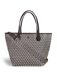 Tygväska med ett geometriskt mönster i blått, beige och brunt. Har kraftiga handtag i brunt läder och en justerbar axelrem.