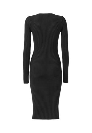 Abito a maglia nero a coste, con maniche lunghe, silhouette aderente e orlo alla lunghezza del ginocchio. Presenta un motivo a coste verticali su tutta la superficie.