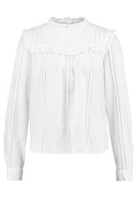 Vit långärmad blus med hög krage, prydd med volangdetaljer, vertikala randmönster och accentuerande hålmönster.