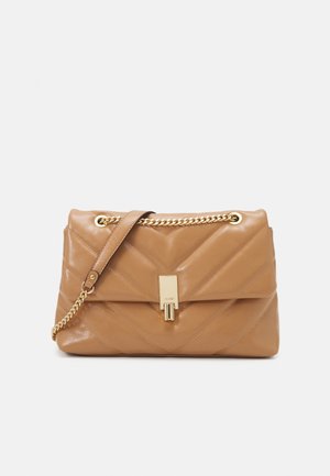 Tan quilted leather shoulder bag with gold chain strap and rectangular gold clasp on front flap.