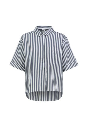 Short-sleeve button-up shirt with vertical navy and white stripes, a chest pocket, and a slightly longer back hem.