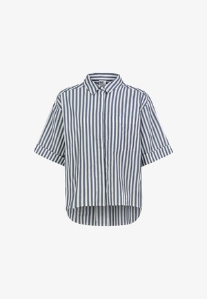 Short-sleeve button-up shirt with vertical navy and white stripes, a chest pocket, and a slightly longer back hem.