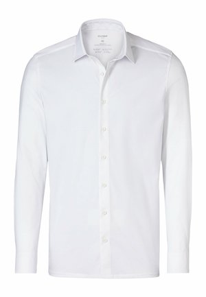 Chemise blanche à manches longues en coton avec un col classique, patte de boutonnage et poignets boutonnés, présentant une texture lisse.