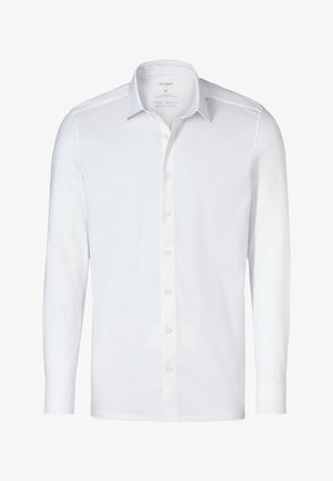 White long-sleeve shirt in cotton material with a classic collar, button placket, and buttoned cuffs, featuring a smooth texture.