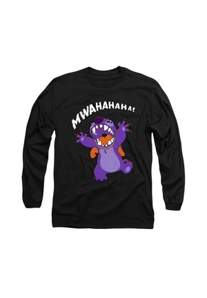 Schwarzes Langarmshirt mit einem lila Wesen mit offenem Mund und erhobenen Armen, darüber in Weiß der Text "MWAHAHAHA!".