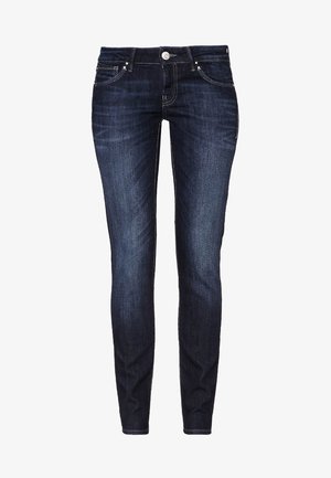 Donkerblauwe slim-fit damesjeans met vervaagde details, knoopsluiting aan de voorkant en ontwerp met vijf zakken.