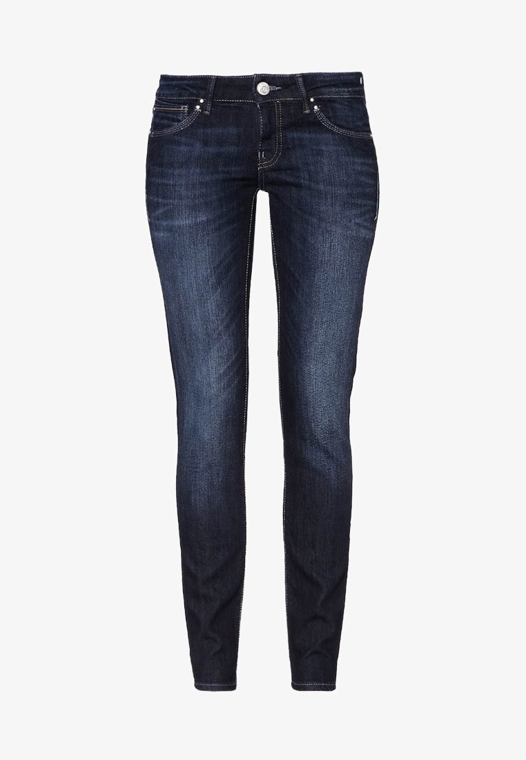 Jean slim pour femmes de couleur bleu foncé avec un effet délavé, fermeture à boutons sur le devant et design à cinq poches.